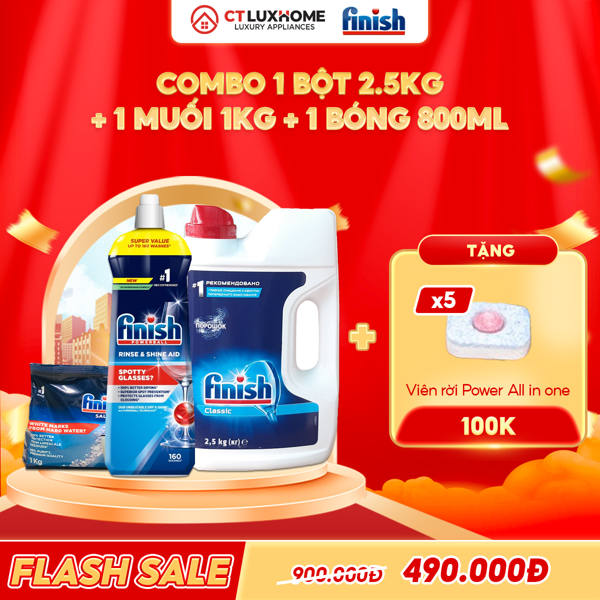 COMBO FINISH 1 Hộp bột rửa bát 2.5kg + 1 Nước bóng 800ml + 1 muối 1kg