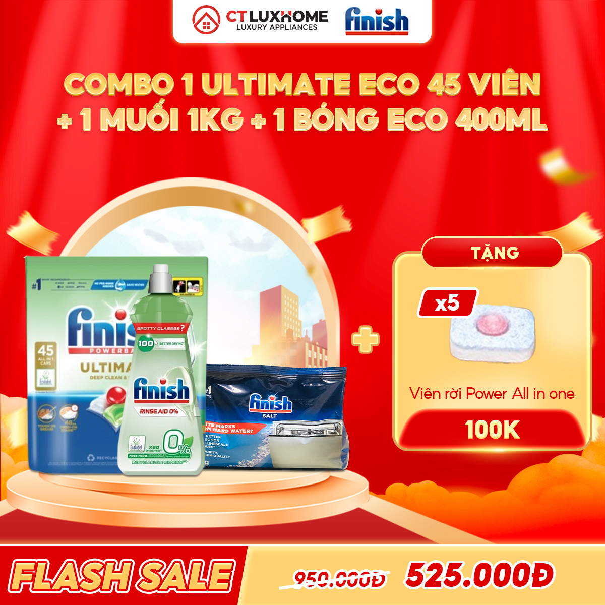 COMBO FINISH 1 Túi viên rửa bát Ultimate Eco 45 viên + 1 Nước bóng Eco 400ml + 1 Muối rửa bát 1kg
