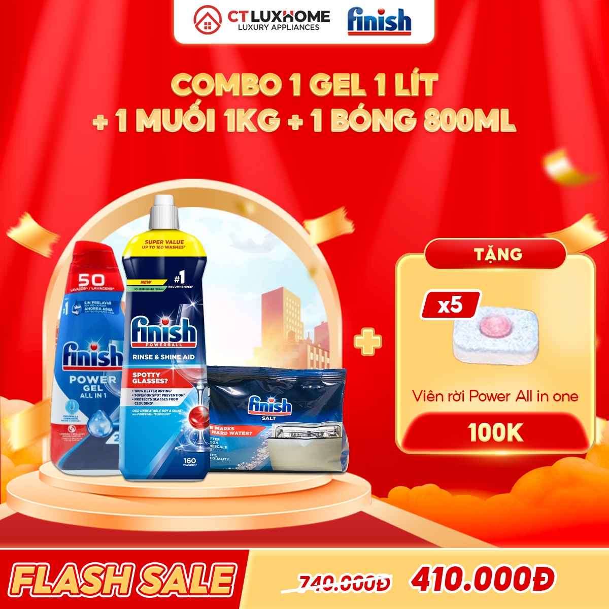COMBO FINISH 1 Gel Power All in one 1 lít + 1 Nước bóng 800ml + 1 Muối rửa bát 1kg