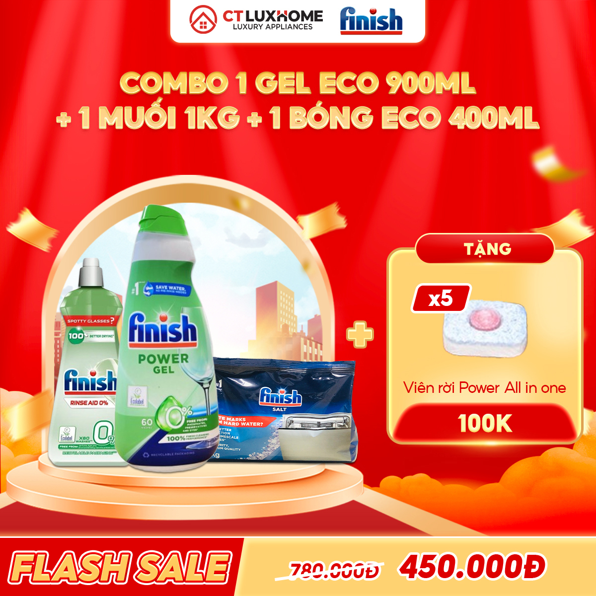 COMBO FINISH 1 Gel rửa bát Eco 900ml + 1 Nước bóng Eco 400ml + 1 Muối 1kg