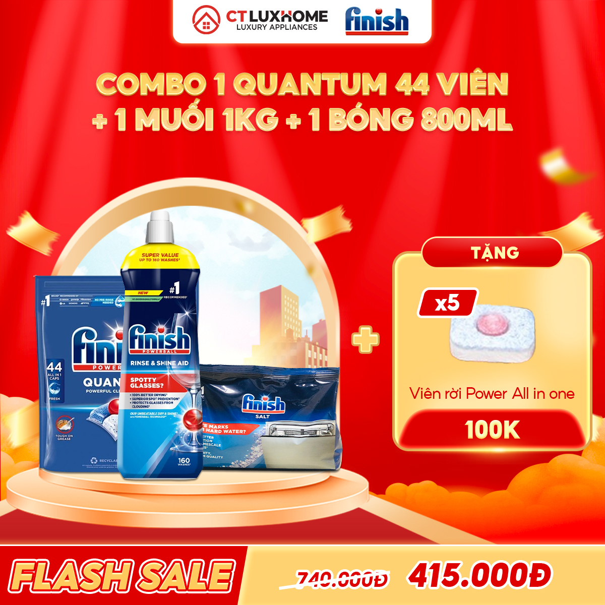 COMBO FINISH 1 Túi Viên rửa Quantum 44 viên + 1 Nước bóng 800ml + 1 muối 1kg