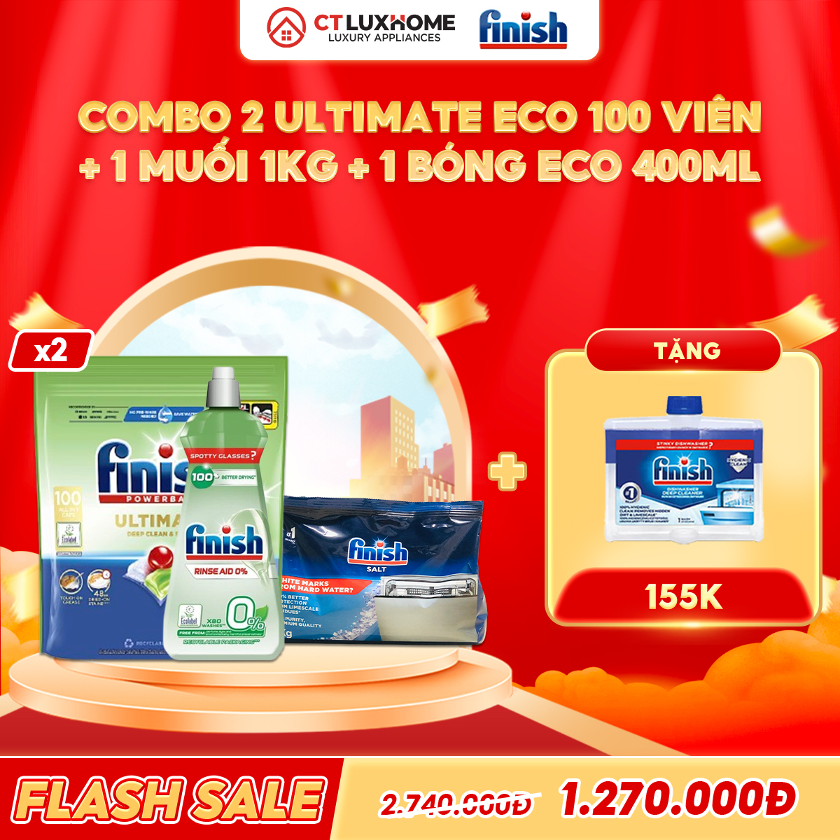 COMBO FINISH 2 Túi viên rửa Ultimate Eco 100 viên + 1 Nước bóng eco 400ml + 1 Muối 1kg