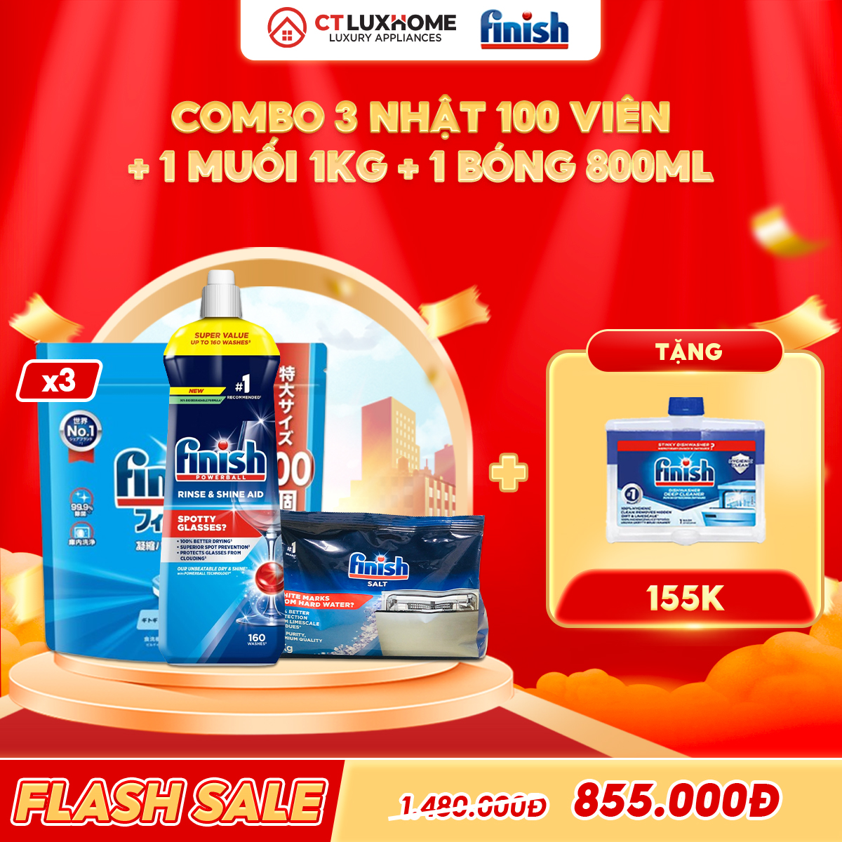 COMBO FINISH 3 Túi viên rửa bát Finish Nhật 100 viên + 1 Nước bóng 800ml + 1 Muối 1kg