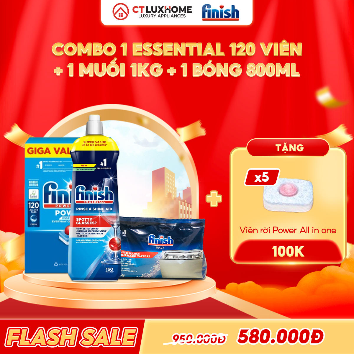 COMBO FINISH 1 Túi viên rửa bát Essential 120 viên + 1 Nước bóng 800ml + 1 Muối rửa bát 1kg