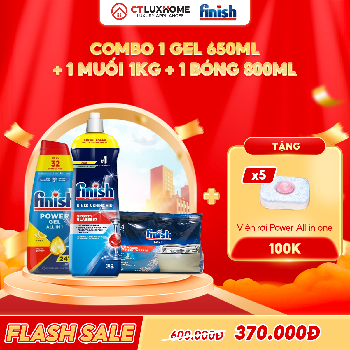 COMBO FINISH 1 Gel Power All in one 650ml + 1 Nước bóng 800ml + 1 muối 1kg