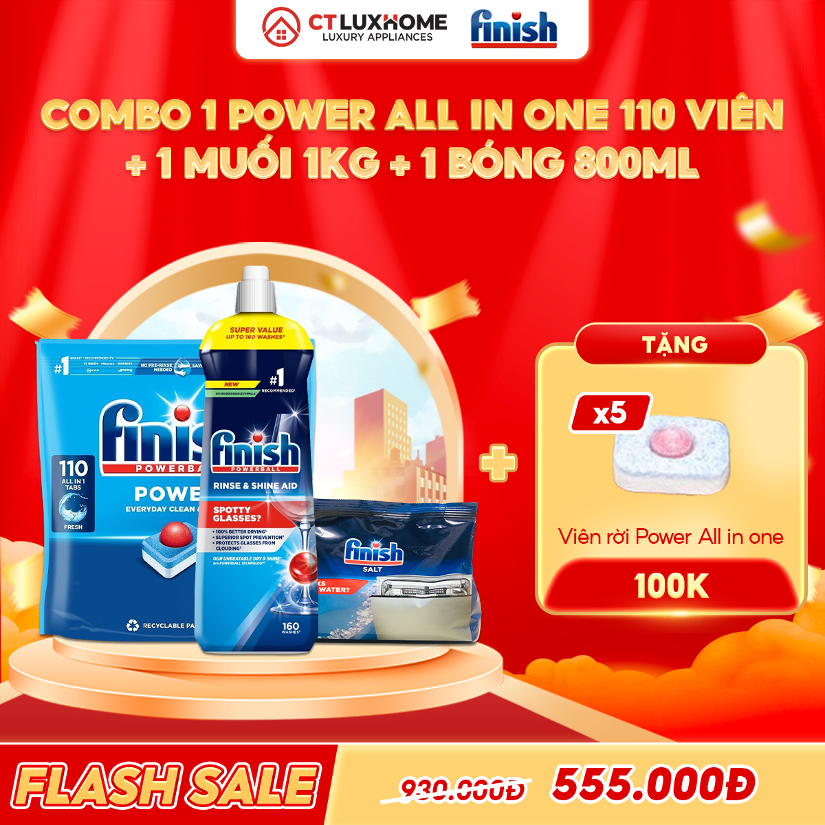 COMBO FINISH 1 Túi Power All in one 110 viên + Nước bóng 800ml + Muối 1kg