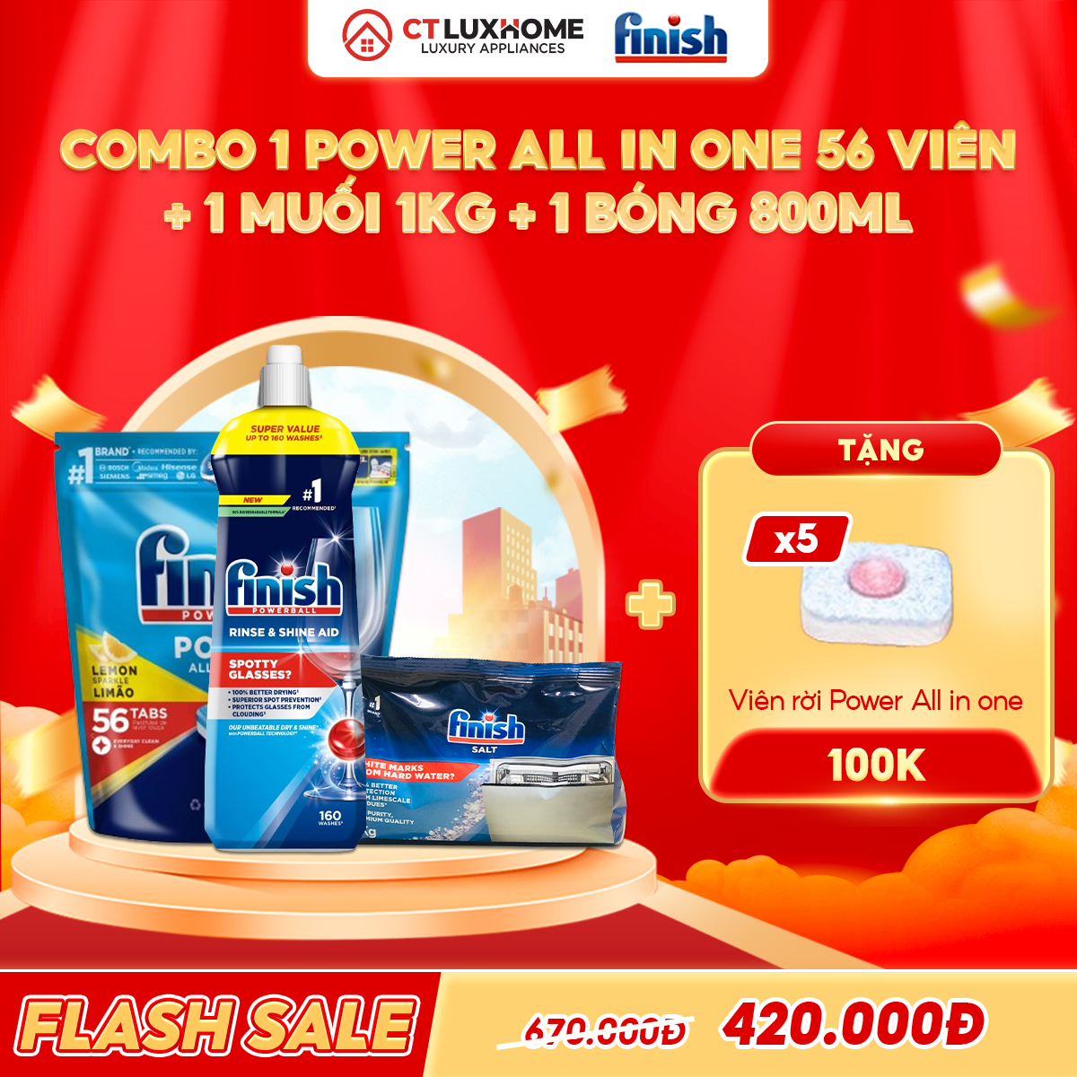 COMBO FINISH 1 Túi Power All in one 56 viên + 1 Nước bóng 800ml + 1 Muối 1kg