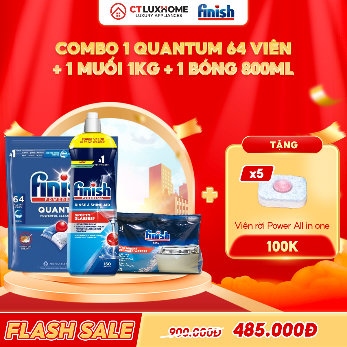 COMBO FINISH 1 Túi viên rửa bát Quantum 64 viên + 1 Nước bóng 800ml + 1 Muối rửa bát 1kg