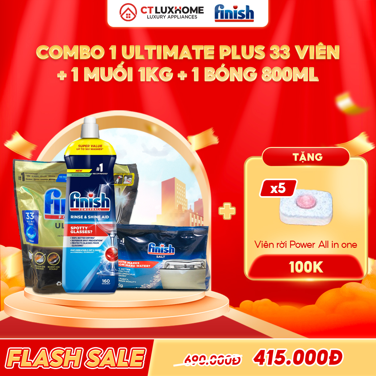 COMBO FINISH 1 Túi Ultimate Plus 33 viên + 1 Nước bóng 800ml + 1 Muối 1kg