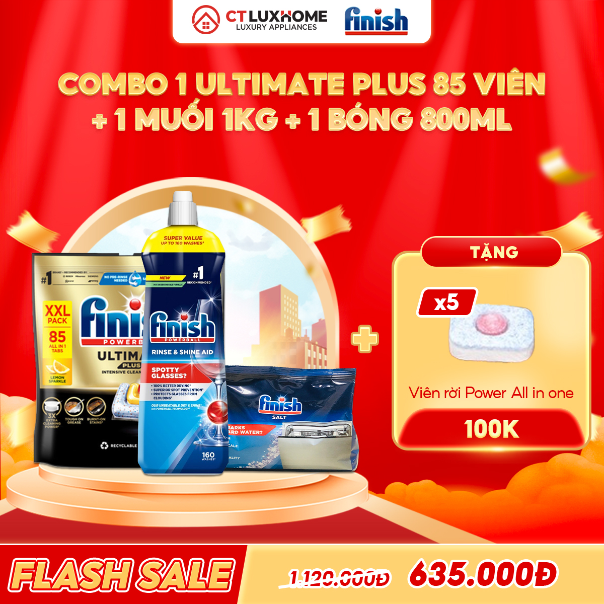 COMBO FINISH 1 Túi viên rửa bát Ultimate Plus 85 viên + 1 Nước bóng 800ml + 1 Muối rửa bát 1kg