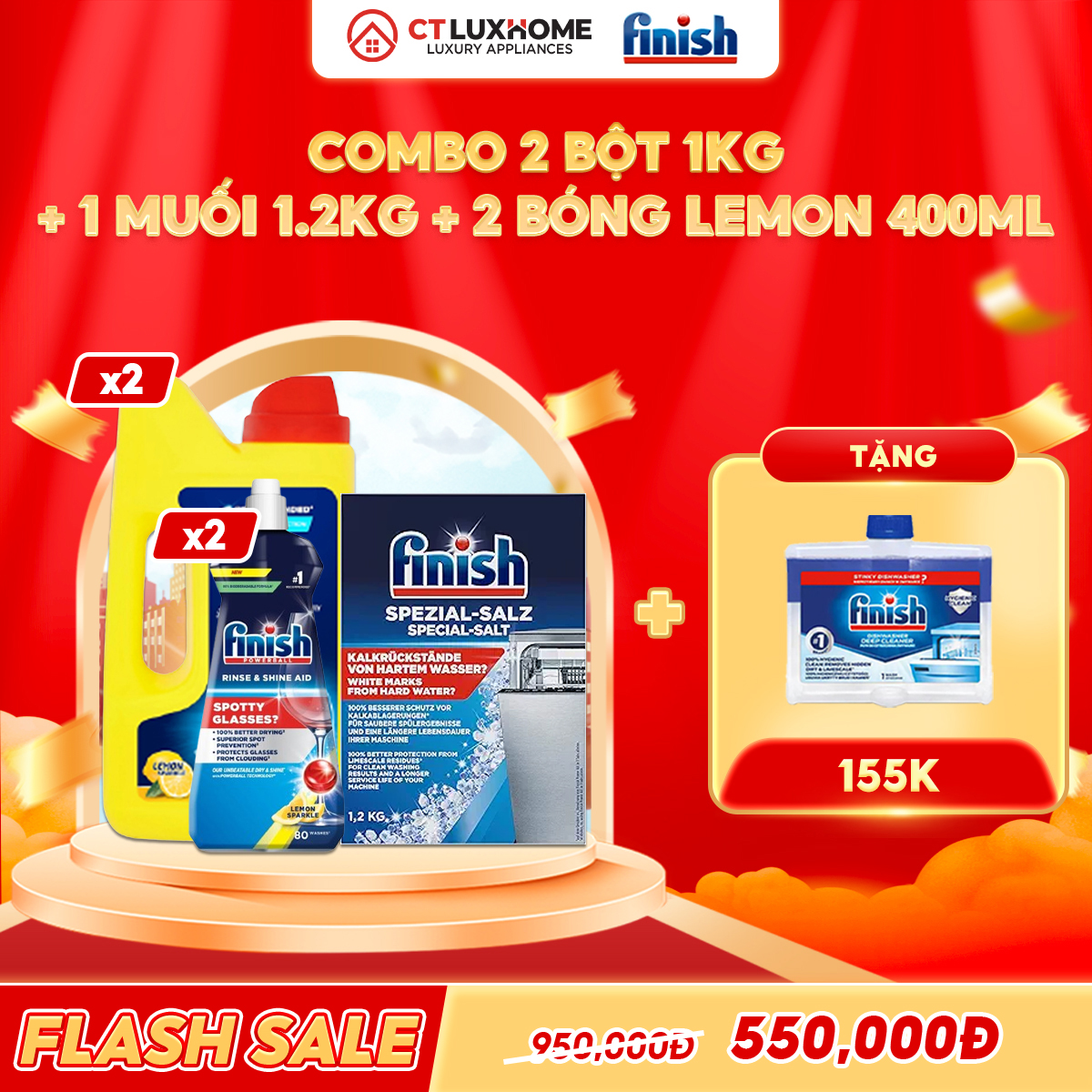 COMBO FINISH 2 Hộp bột rửa bát 1kg + 2 Nước bóng 400ml chanh + 1 Muối rửa bát 1.2kg