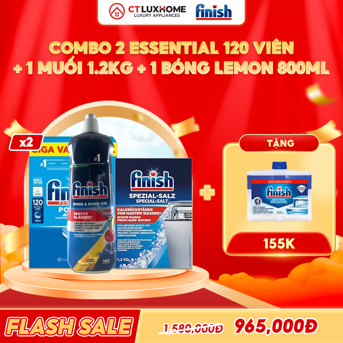 COMBO FINISH 2 Túi viên rửa bát Essential 120 viên + 1 Nước bóng 800ml chanh + 1 Muối rửa bát 1.2kg