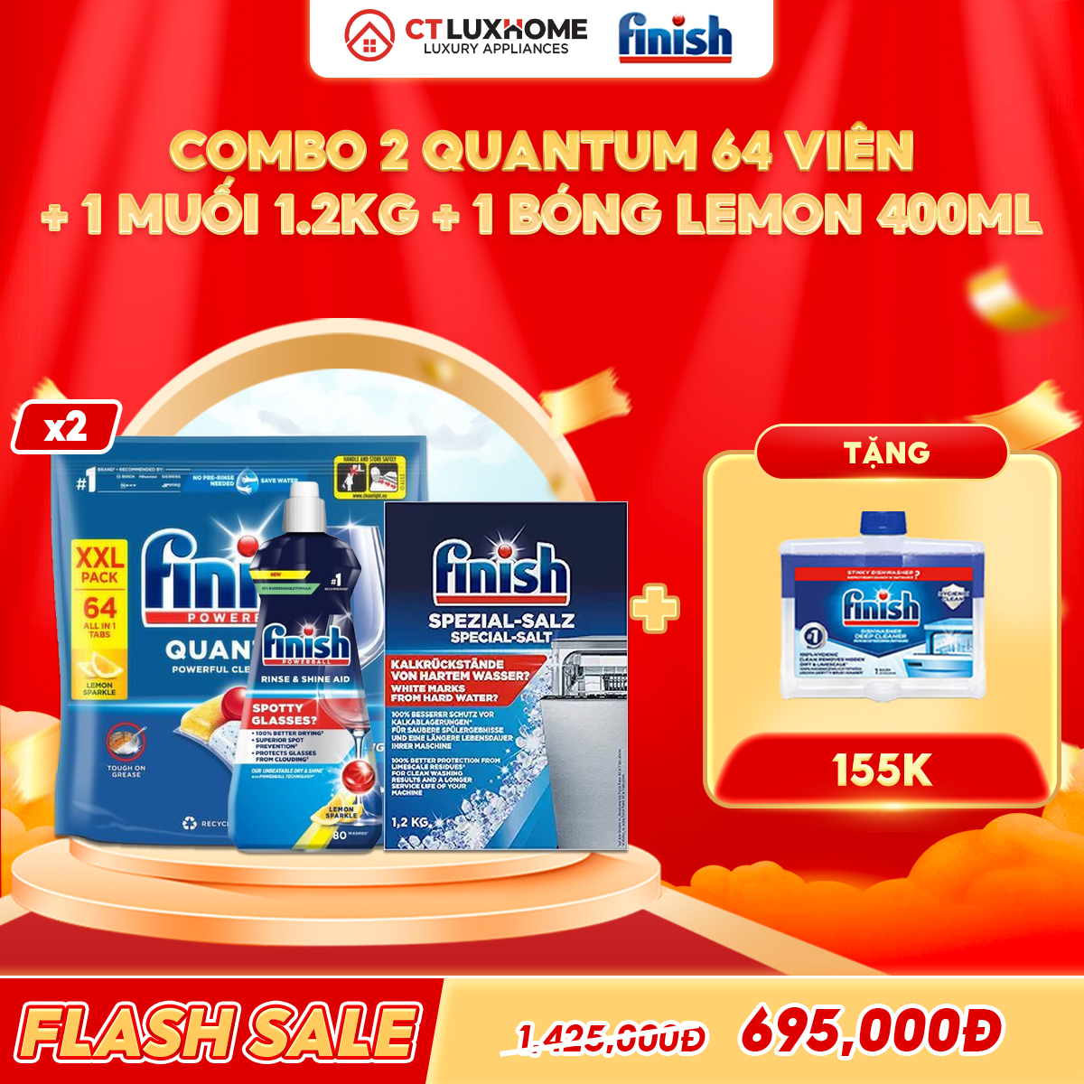 COMBO FINISH 2 Túi viên rửa bát Quantum 64 viên +1 Nước bóng 400ml chanh + 1 Muối 1.2kg