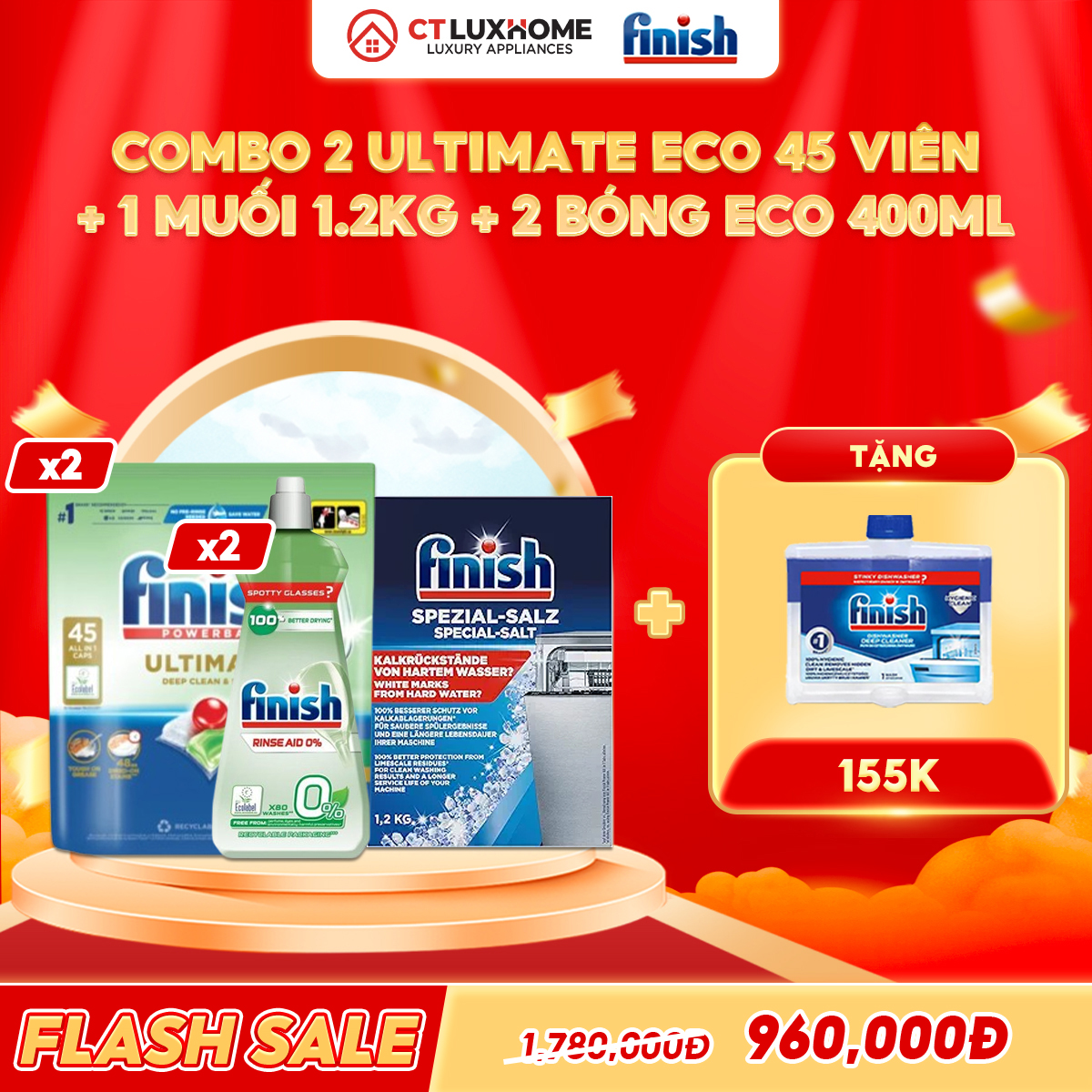 COMBO FINISH 2 Túi viên rửa bát Ultimate Eco 45 viên + 2 Nước bóng 400ml Eco + 1 Muối 1.2kg