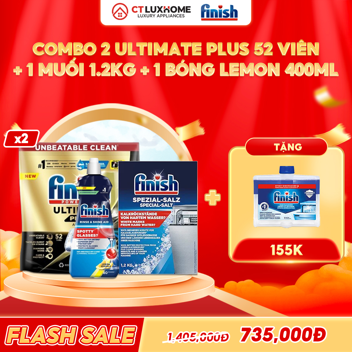 COMBO FINISH 2 Túi viên rửa bát Ultimate Plus 52 viên hương thường + Nước bóng 400ml chanh + 1 Muối 1.2kg