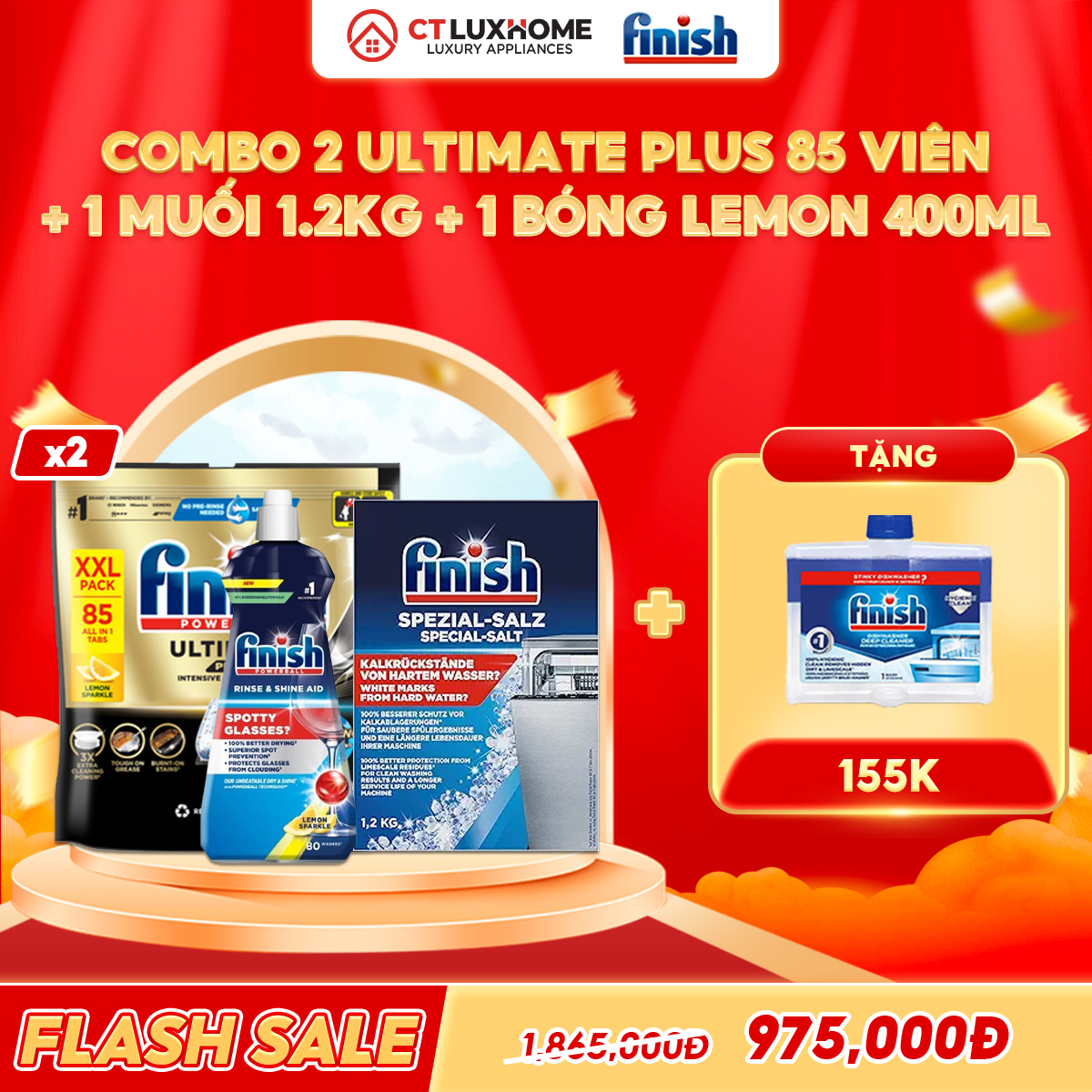 COMBO FINISH 2 Túi viên rửa bát Ultimate Plus 85 viên + 1 Nước bóng 400ml chanh + 1 Muối 1.2kg