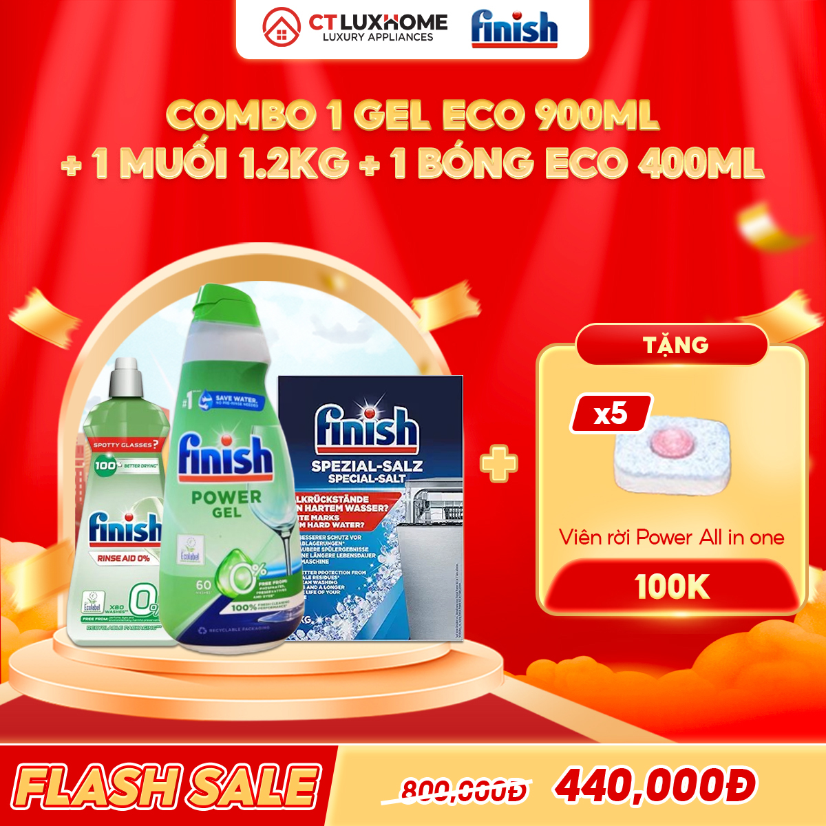 COMBO FINISH 1 Gel rửa bát Eco 900ml + 1 Nước bóng Eco 400ml + 1 Muối 1.2kg