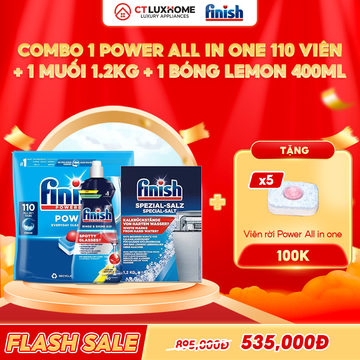 COMBO FINISH 1 Túi Power All in one 110 viên + Nước bóng 400ml chanh + Muối 1.2kg