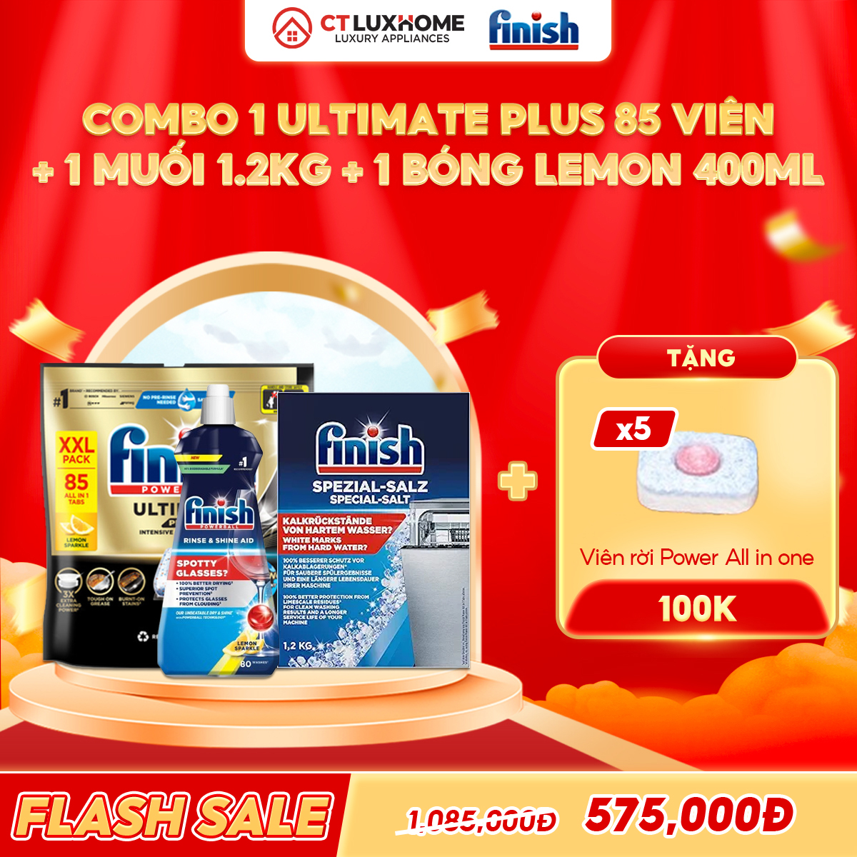 COMBO FINISH 1 Túi viên rửa bát Ultimate Plus 85 viên + 1 Nước bóng 400ml chanh + 1 Muối rửa bát 1.2kg
