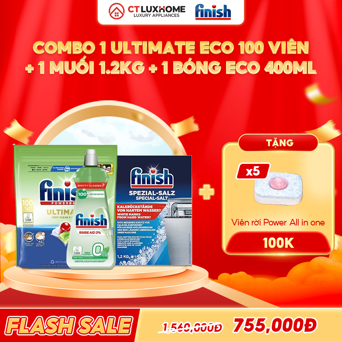 COMBO FINISH 1 Túi viên rửa Ultimate Eco 100 viên + 1 Nước bóng eco 400ml + 1 Muối 1.2kg
