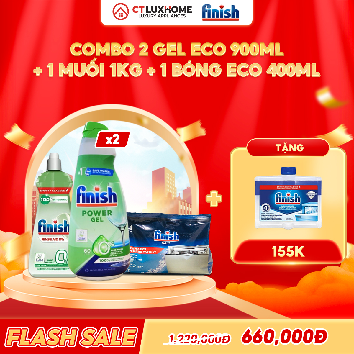 COMBO FINISH 2 Gel rửa bát Eco 900ml + 1 Nước bóng Eco 400ml + 1 Muối 1kg
