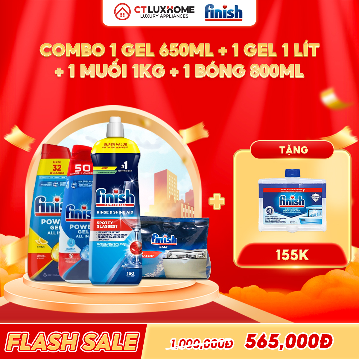 COMBO FINISH 1 Gel Power All in one 650ml + 1 Gel Power All in one 1 lít + 1 Nước bóng 800ml + 1 muối 1kg