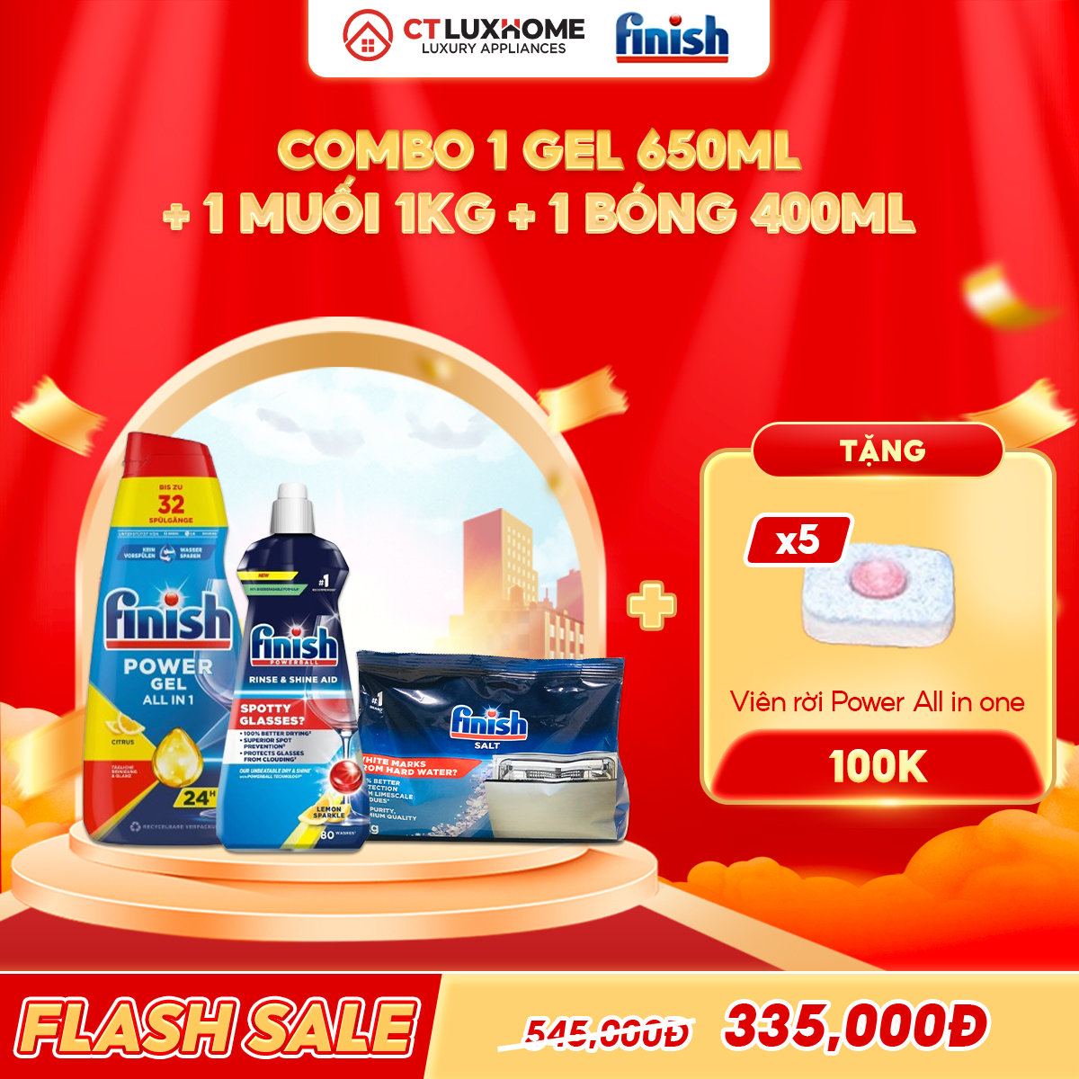 COMBO FINISH 1 Gel Power All in one 650ml + 1 Nước bóng 400ml + 1 muối 1kg