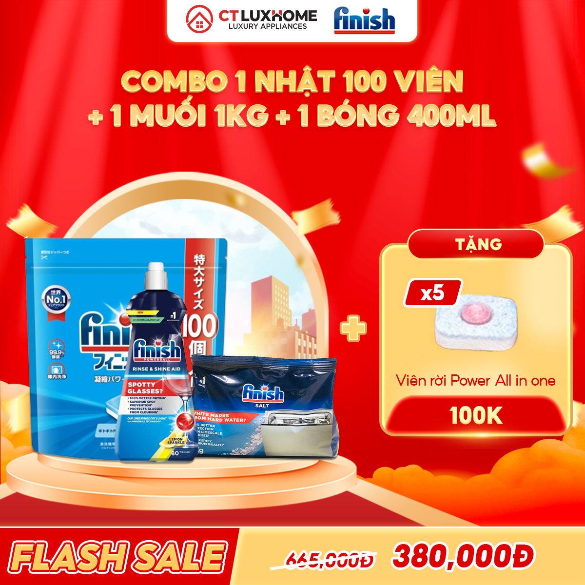 COMBO FINISH 1 Túi viên rửa bát Finish Nhật 100 viên + 1 Nước bóng 400ml chanh + 1 Muối 1kg