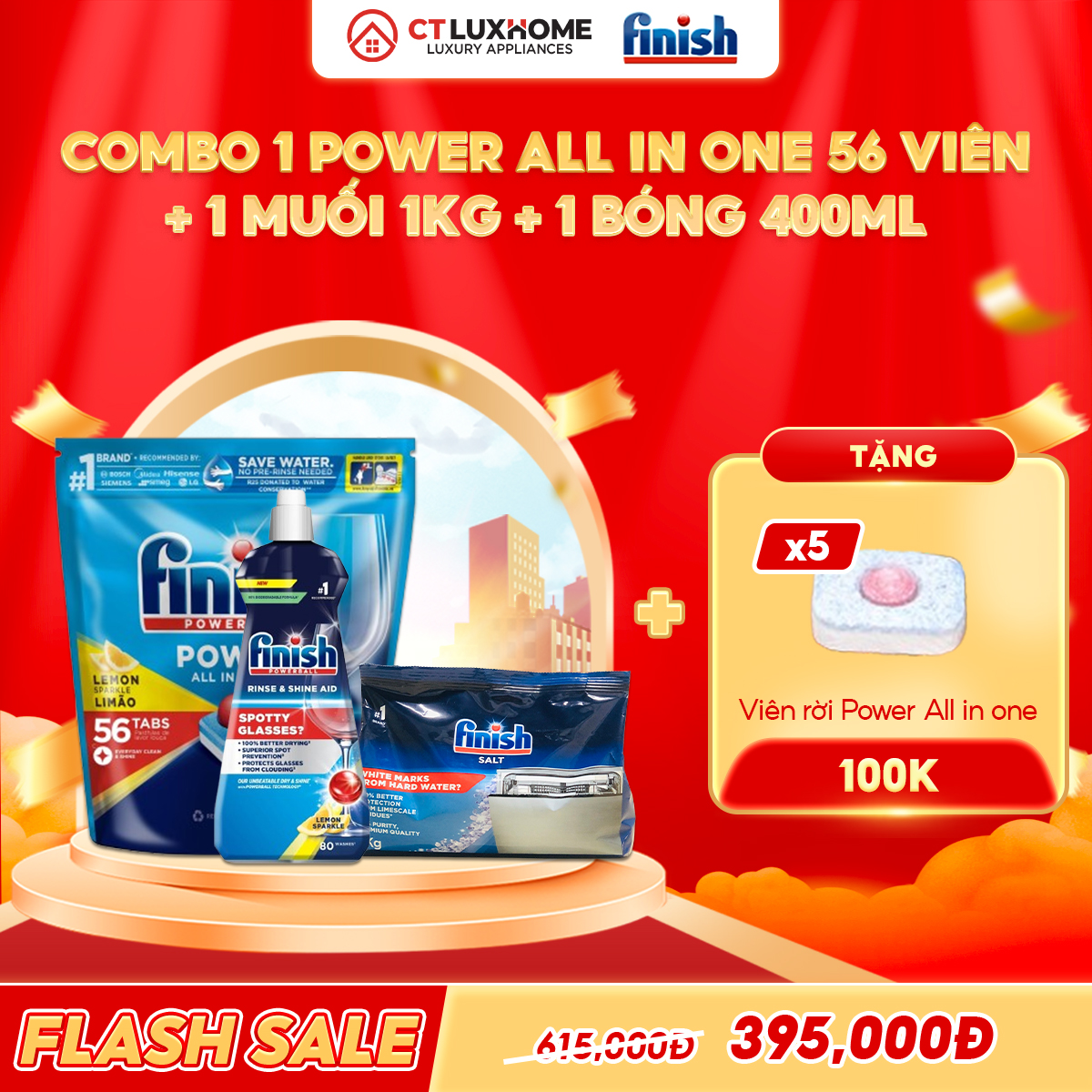 COMBO FINISH 1 Túi Power All in one 56 viên + 1 Nước bóng 400ml + 1 Muối 1kg