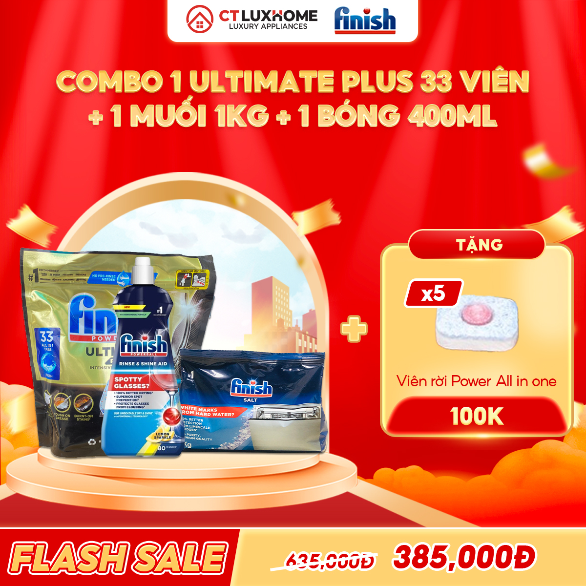 COMBO FINISH 1 Túi Ultimate 33 viên + 1 Nước bóng 400ml + 1 Muối 1kg
