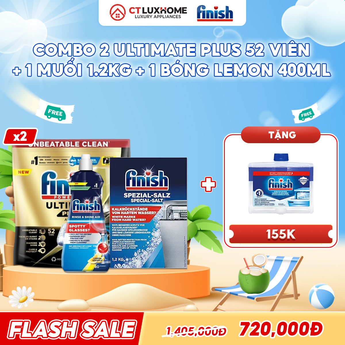COMBO FINISH 2 Túi viên rửa bát Ultimate Plus 52 viên hương thường + Nước bóng 400ml chanh + 1 Muối 1.2kg