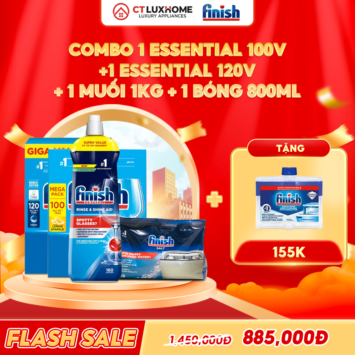 COMBO FINISH 1 Túi viên rửa bát Essential 120 viên + 1 Essential 100 viên + 1 Nước bóng 800ml + 1 Muối rửa bát 1kg