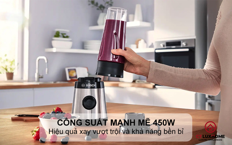 MÁY XAY SINH TỐ MINI BOSCH MMB2111M VITAPOWER SERIE 2 450W THÉP KHÔNG GỈ  2