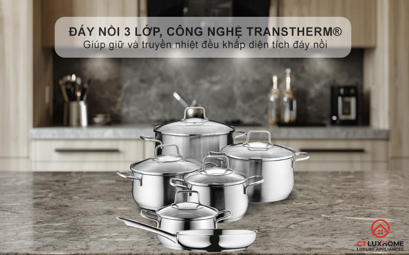 Đáy nồi 3 lớp, công nghệ TransTherm® - Giúp giữ và truyền nhiệt đều khắp diện tích đáy nồi, giảm hao năng lượng