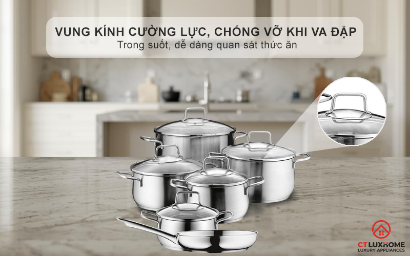 Vung kính cường lực, chống vỡ khi va đập -  Trong suốt, dễ dàng quan sát thức ăn