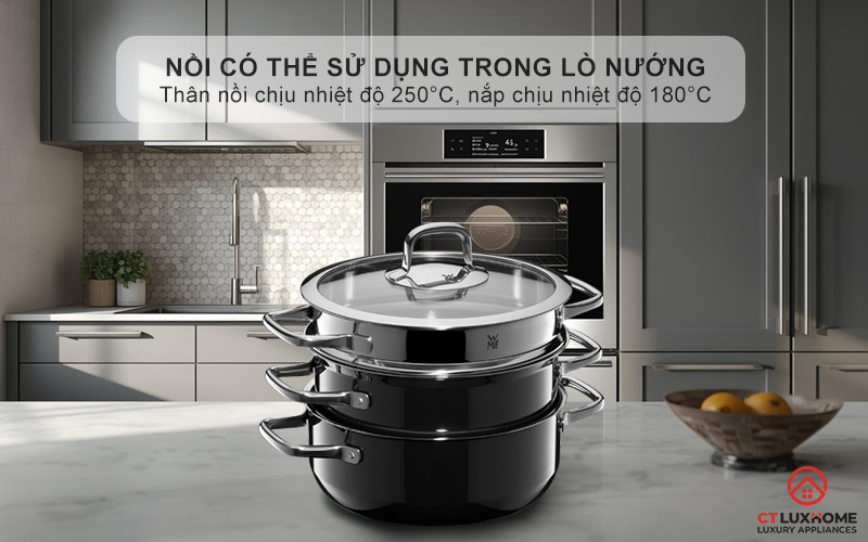 Nồi có thể sử dụng trong lò nướng - Thân nồi nhiệt độ lên đến 250°C, nắp chịu được nhiệt độ lên đến 180°C