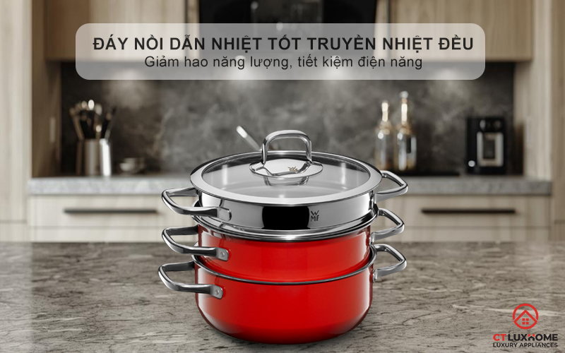 Đáy nồi dẫn nhiệt tốt truyền nhiệt đều khắp diện tích đáy nồi, giảm hao năng lượng