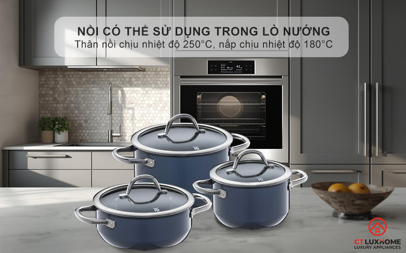 Nồi có thể sử dụng trong lò nướng - Thân nồi nhiệt độ lên đến 250°C, nắp chịu được nhiệt độ lên đến 180°C