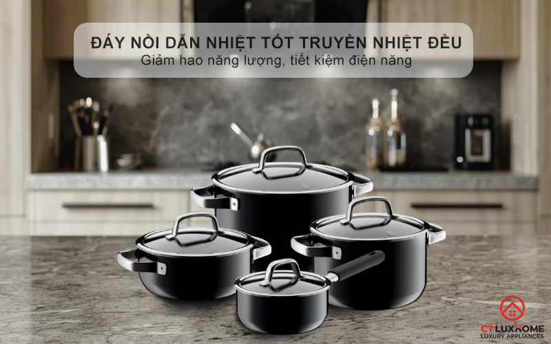 Đáy nồi dẫn nhiệt tốt truyền nhiệt đều khắp diện tích đáy nồi, giảm hao năng lượng