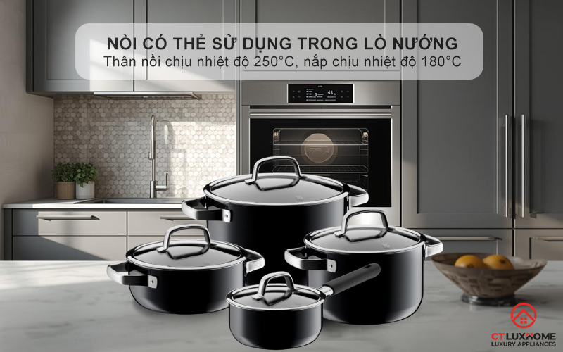 Nồi có thể sử dụng trong lò nướng - Thân nồi nhiệt độ lên đến 250°C, nắp chịu được nhiệt độ lên đến 180°C