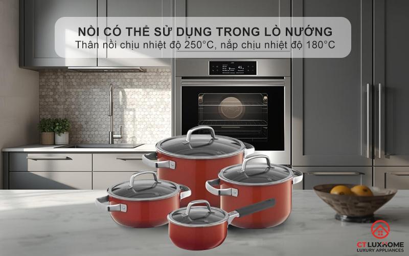 Nồi có thể sử dụng trong lò nướng - Thân nồi nhiệt độ lên đến 250°C, nắp chịu được nhiệt độ lên đến 180°C