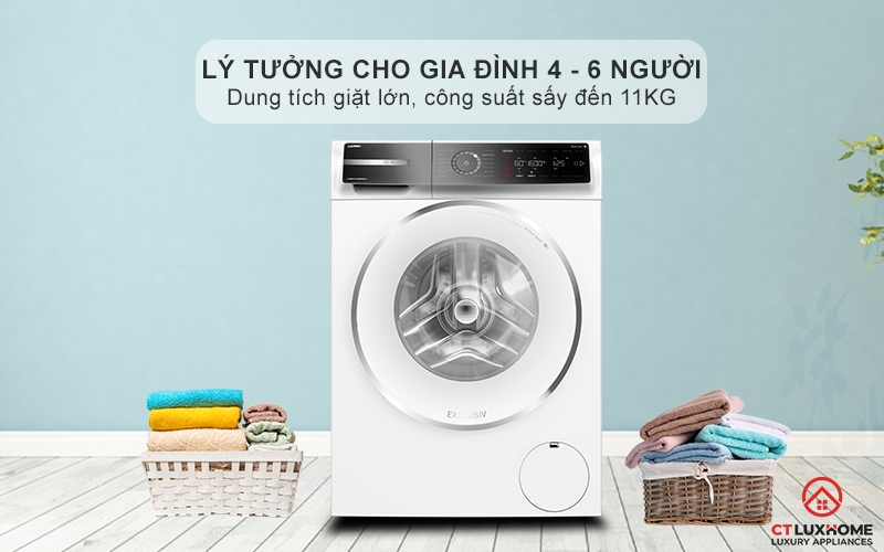 Dung tích giặt lớn, công suất giặt đến 11kg thoải mái cho gia đình đông người