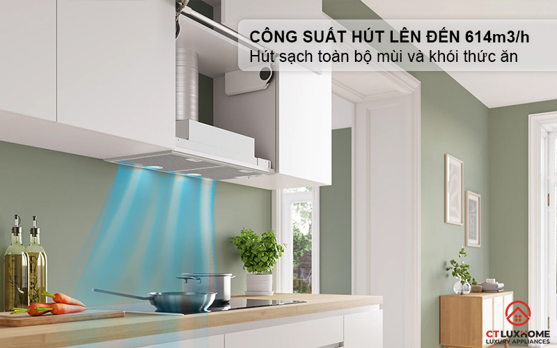 Công suất hút tối đa 614 m3/h hút sạch mùi và khói thức ăn, trả lại không khí trong lành
