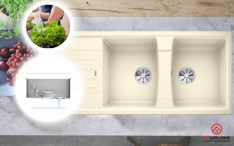 ​​​​​​​Đảm bảo việc ngâm rửa rau củ, vật dụng thoải mái với chậu rửa với thiết kế hai hố tối ưu