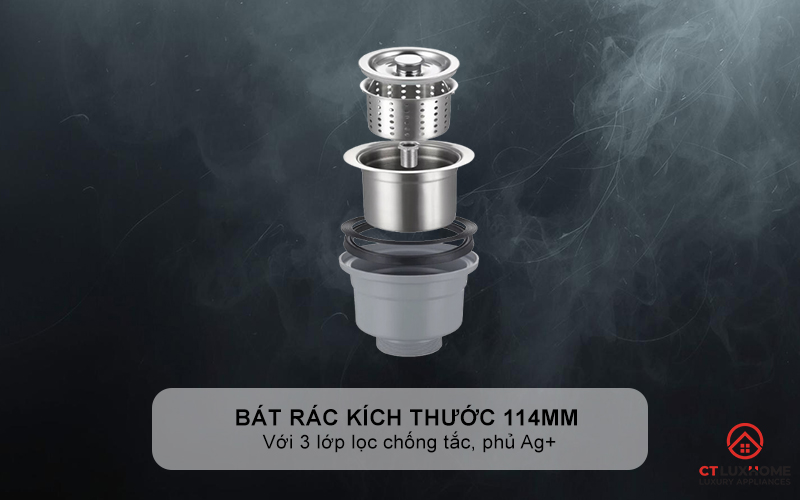 Bát rác kích thước tiêu chuẩn 114mm, với 3 lớp lọc chống tắc, phủ A+ kháng khuẩn