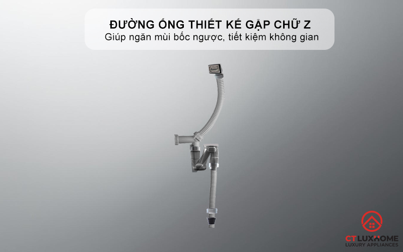 Đường ống được phát triển thiết kế gập chữ Z giúp ngăn mùi bốc ngược, tiết kiệm không gian khoang tủ bếp