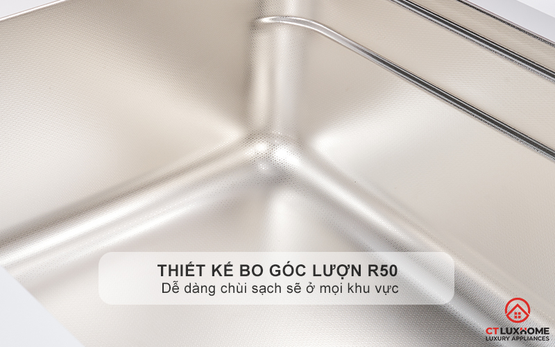 Thiết kế bo góc lượn R50 giúp dễ vệ sinh các góc chậu và ráo nước nhanh hơn