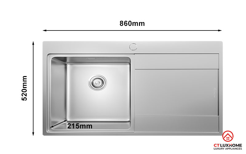 Kích thước của chậu rửa chén đĩa Topmount UNICO 8652 là 215mm x 860mm x 520mm (CxRxS).