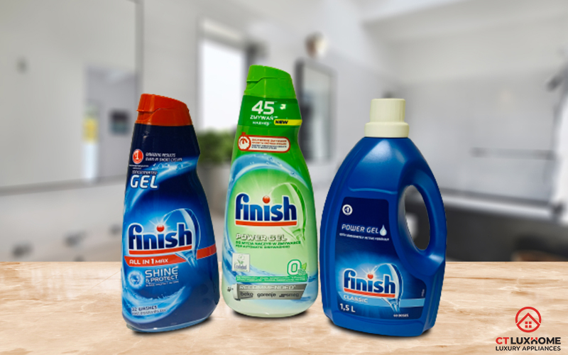 Gel rửa bát Finish là chất tẩy rửa được nhiều người lựa chọn.