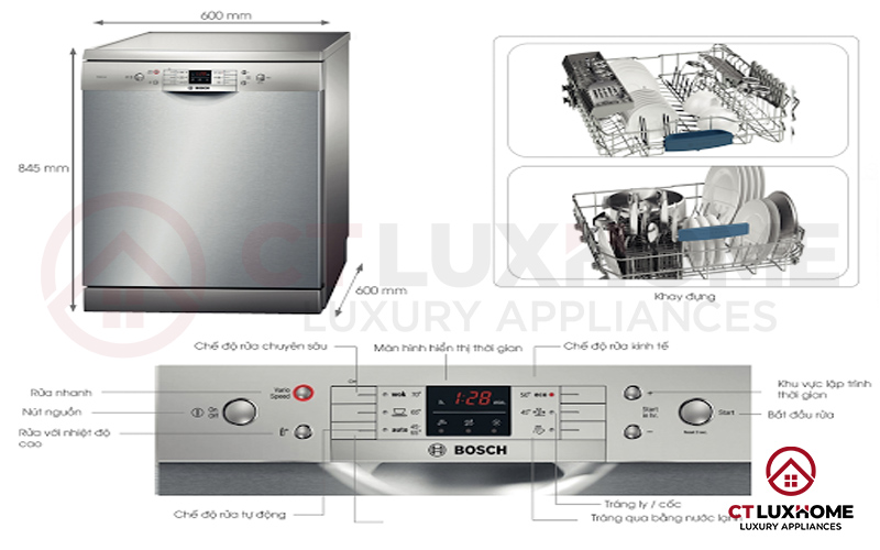 Máy rửa bát Bosch có rất nhiều ưu điểm về thiết kế cũng như tính năng